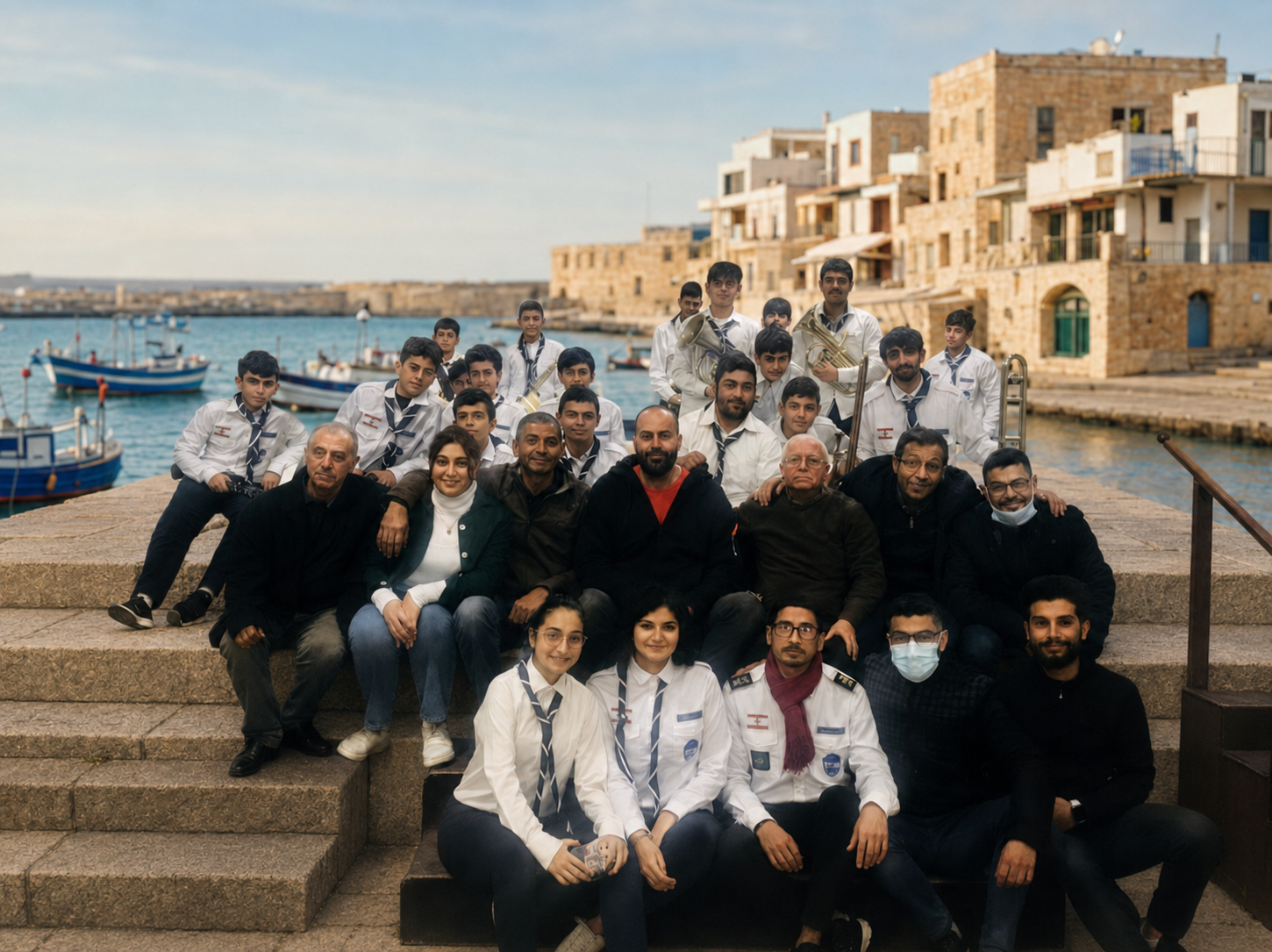 أعضاء أليسار أمام مرفأ صور وعمارتها الحجرية التراثية